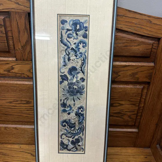 Framed Mid 19th Century Chinese Embroidered Sleeve Band - Peony Flowers Worked in Peking Knot Stitch. 65 x 26cm