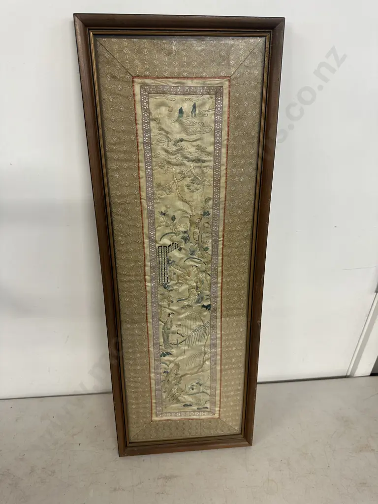 Framed Antique Chinese Silk Embroidered Sleeve Panel. 66 x 24cm Image 1++