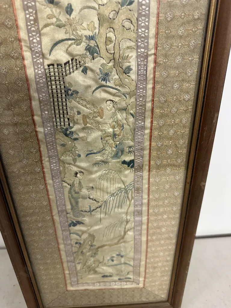 Framed Antique Chinese Silk Embroidered Sleeve Panel. 66 x 24cm Image 1++