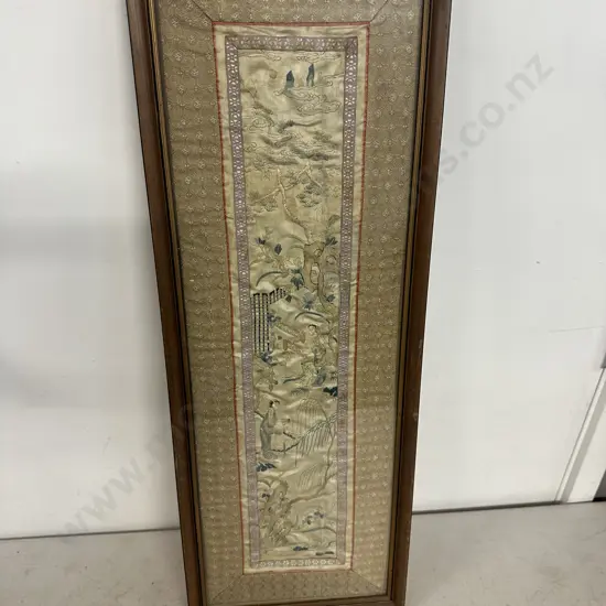 Framed Antique Chinese Silk Embroidered Sleeve Panel. 66 x 24cm