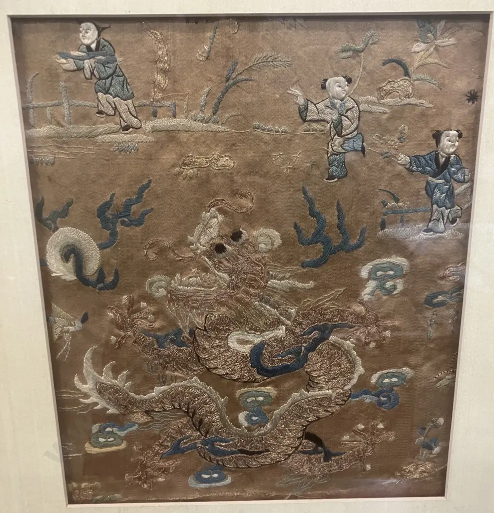 Framed Antique Chinese Silk 'Beautiful Embroidered Dragon' Part of Robe Panel. 51 x 46cm Image 1++