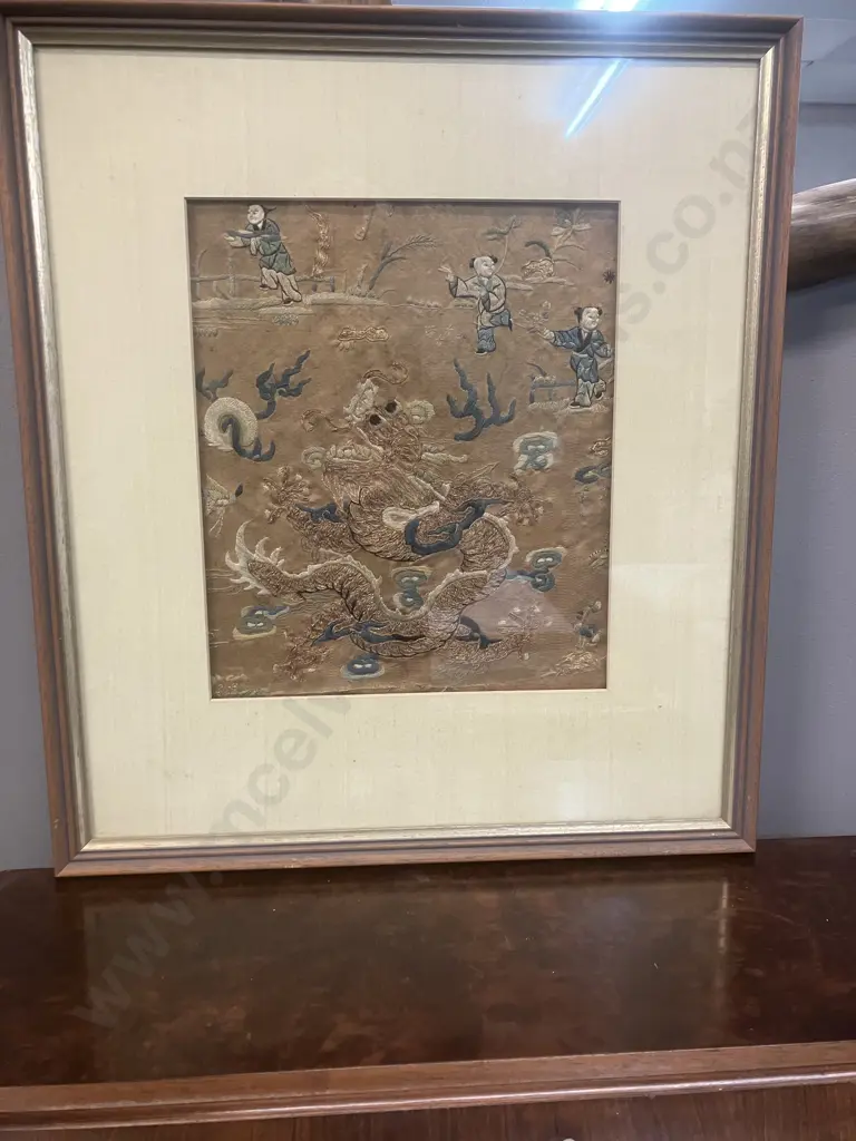 Framed Antique Chinese Silk 'Beautiful Embroidered Dragon' Part of Robe Panel. 51 x 46cm Image 1++
