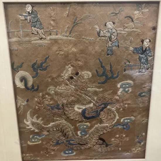 Framed Antique Chinese Silk 'Beautiful Embroidered Dragon' Part of Robe Panel. 51 x 46cm