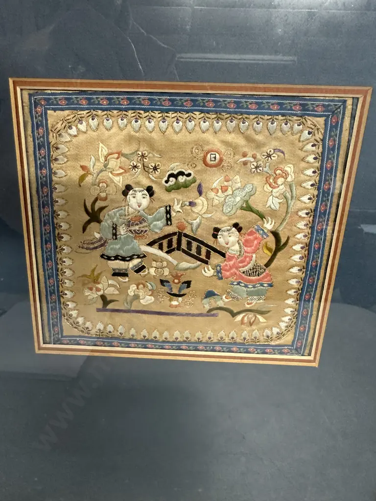 Framed Chinese Antique Embroidered Silk Panel Wedding Scene. 45.5 x 31cm Image 1++