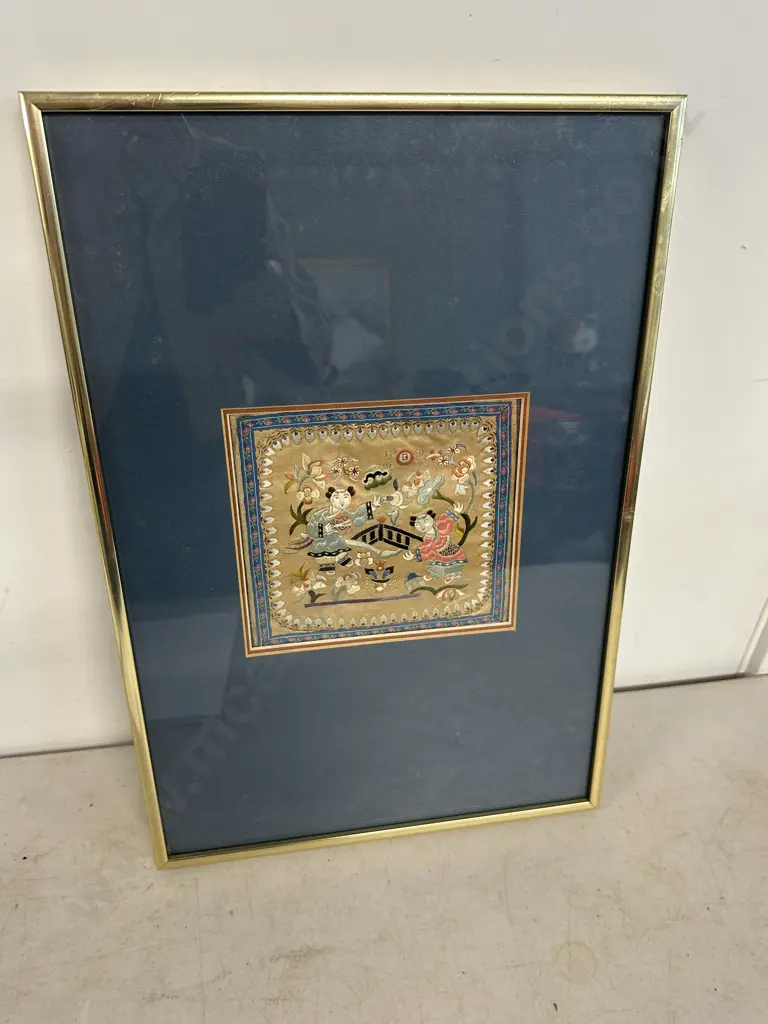 Framed Chinese Antique Embroidered Silk Panel Wedding Scene. 45.5 x 31cm Image 1++