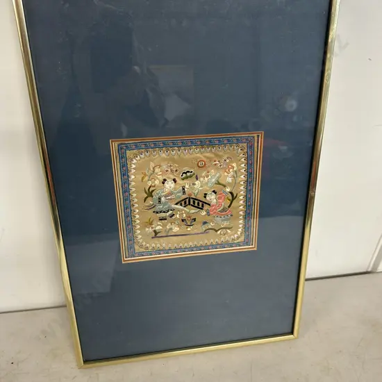 Framed Chinese Antique Embroidered Silk Panel Wedding Scene. 45.5 x 31cm
