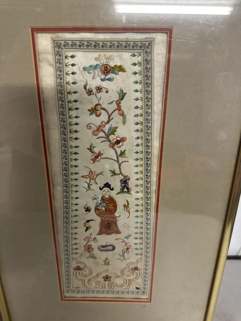 Pair of Mid 19th Century Framed Chinese Silk Embroidered Panels - Chinese God of Mercy & Buddha Figure. 46 x 26.5cm Image 1++