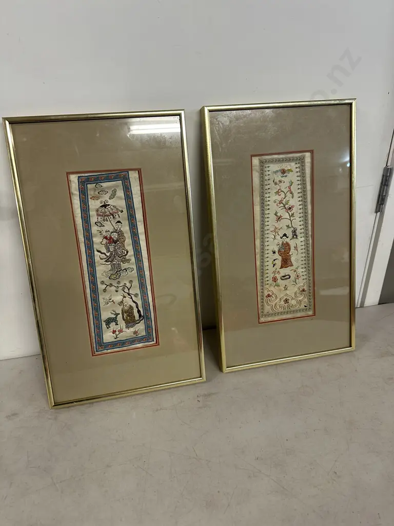Pair of Mid 19th Century Framed Chinese Silk Embroidered Panels - Chinese God of Mercy & Buddha Figure. 46 x 26.5cm Image 1++