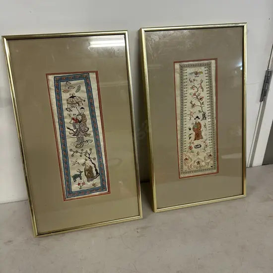 Pair of Mid 19th Century Framed Chinese Silk Embroidered Panels - Chinese God of Mercy & Buddha Figure. 46 x 26.5cm
