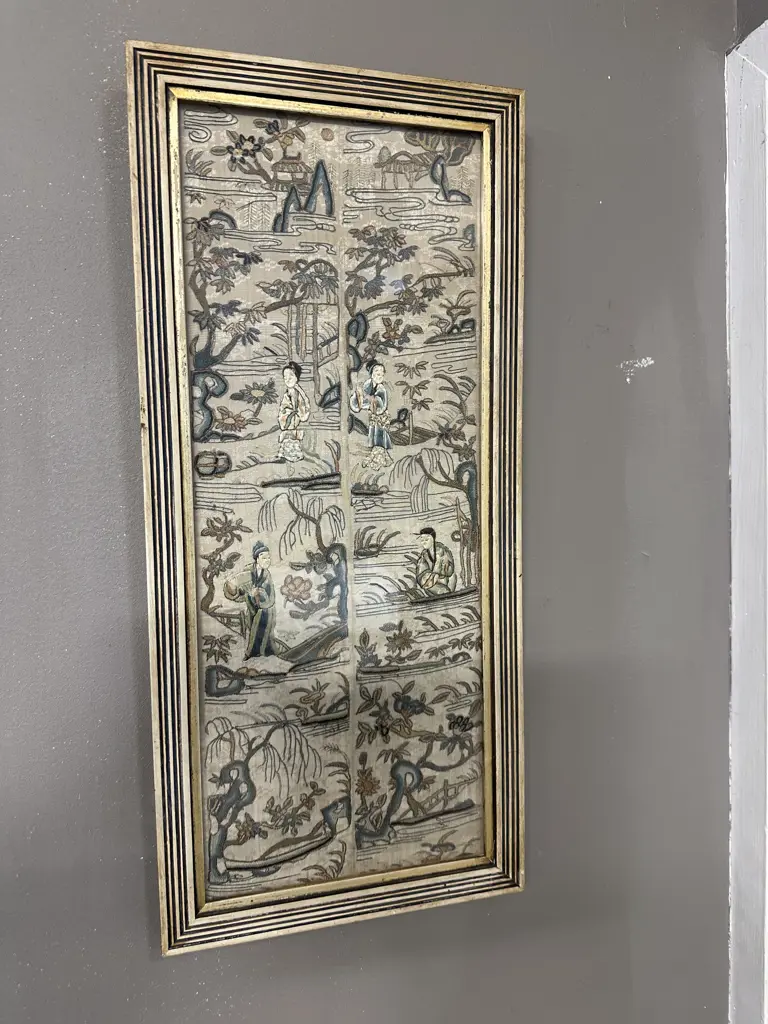 Framed Antique Chinese Silk Embroidered Double Sleeve Panels With Figures. 53 x 25cm Image 1++