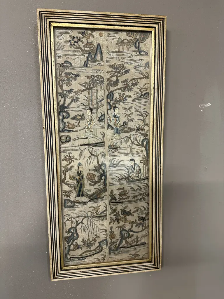 Framed Antique Chinese Silk Embroidered Double Sleeve Panels With Figures. 53 x 25cm Image 1++