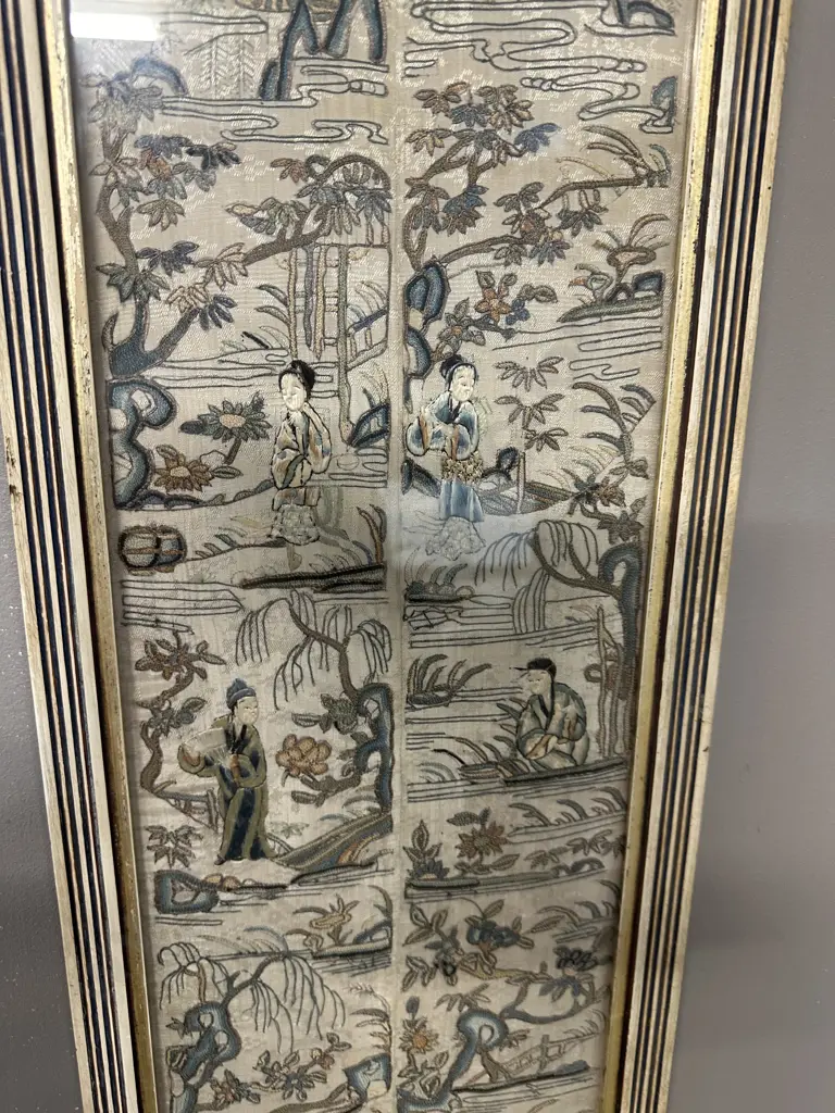 Framed Antique Chinese Silk Embroidered Double Sleeve Panels With Figures. 53 x 25cm Image 1++