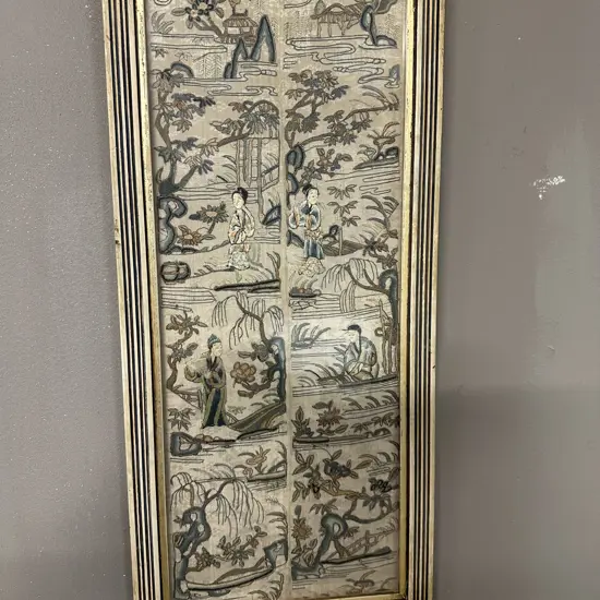 Framed Antique Chinese Silk Embroidered Double Sleeve Panels With Figures. 53 x 25cm