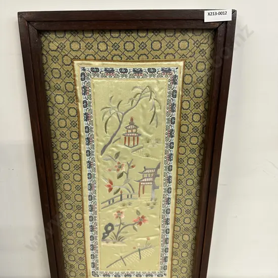 Framed Antique Chinese Silk Embroidered Panel - Landscape Scene. 47 x 25cm
