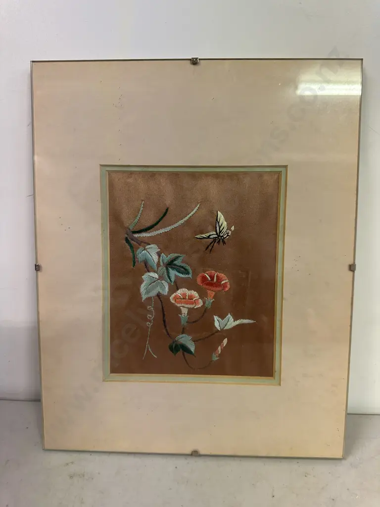 Antique Chinese Embroidered Silk Panel - Butterfly & Flowers Behind Glass. 30 x 24cm Image 1++