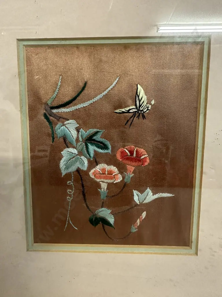 Antique Chinese Embroidered Silk Panel - Butterfly & Flowers Behind Glass. 30 x 24cm Image 1++