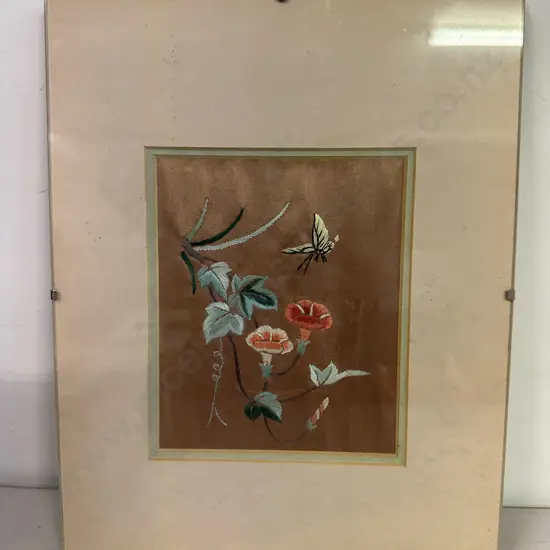 Antique Chinese Embroidered Silk Panel - Butterfly & Flowers Behind Glass. 30 x 24cm