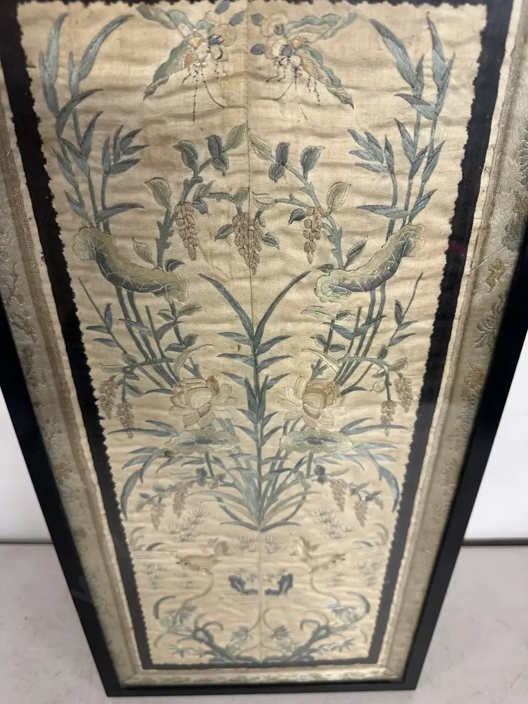 Framed Chinese Mandarin Coat Embroidery - 'Under Water Scenes', Pond Weed - Fish, Flowers, Dragon Flys. 54 x 26.5cm Image 1++