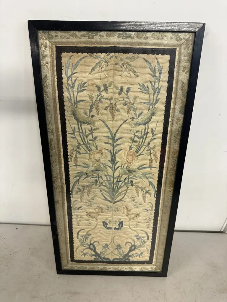 Framed Chinese Mandarin Coat Embroidery - 'Under Water Scenes', Pond Weed - Fish, Flowers, Dragon Flys. 54 x 26.5cm Image 1++