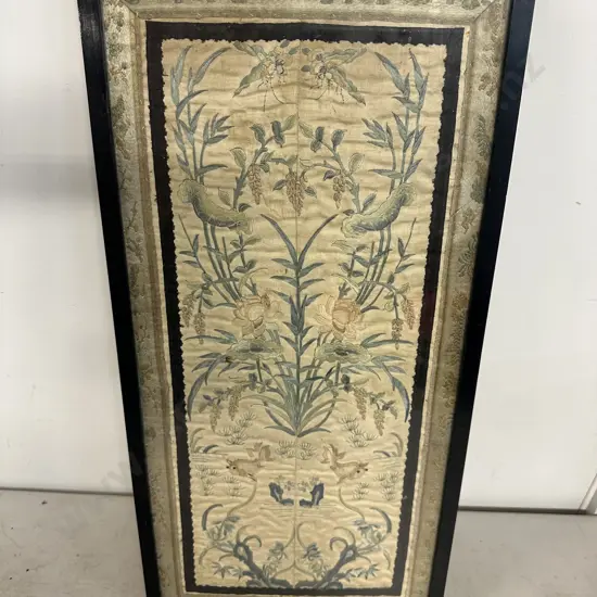Framed Chinese Mandarin Coat Embroidery - 'Under Water Scenes', Pond Weed - Fish, Flowers, Dragon Flys. 54 x 26.5cm