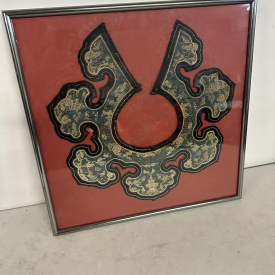 Framed Decorative Antique Chinese Dynasty Style Embroidered Silk Collar For a Robe Worn by Men & Women. 44 x 44cm