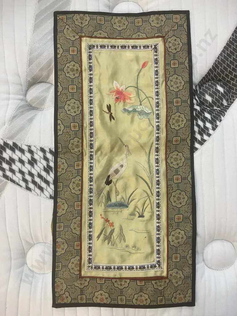 Chinese Silk Hand Embroidered Panel With Lotus & Crane. 47.5 x 22.5cm Image 1++