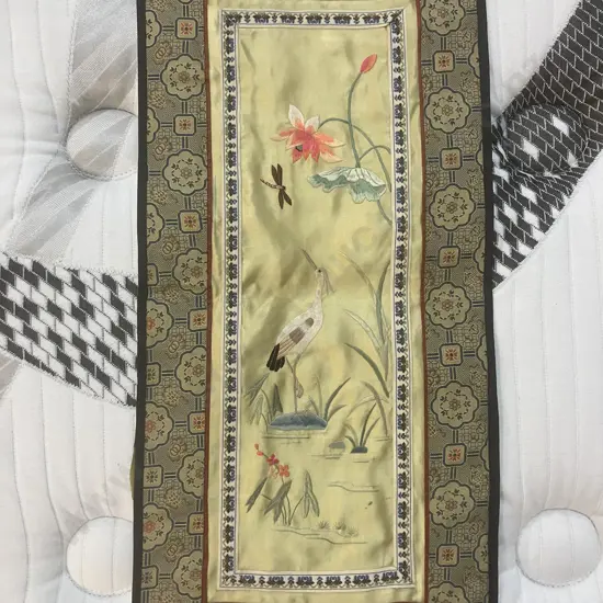 Chinese Silk Hand Embroidered Panel With Lotus & Crane. 47.5 x 22.5cm