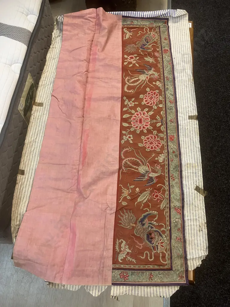 Antique Chinese Silk & Gold Thread Embroidered Altar Cloth With Killin And Pheonix Below Three Immortals. 109 x 40.5cm Image 1++