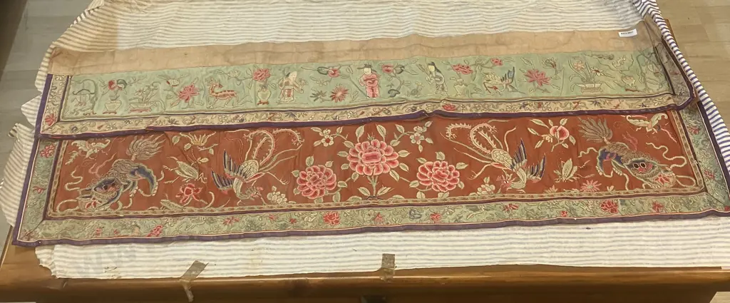 Antique Chinese Silk & Gold Thread Embroidered Altar Cloth With Killin And Pheonix Below Three Immortals. 109 x 40.5cm Image 1++