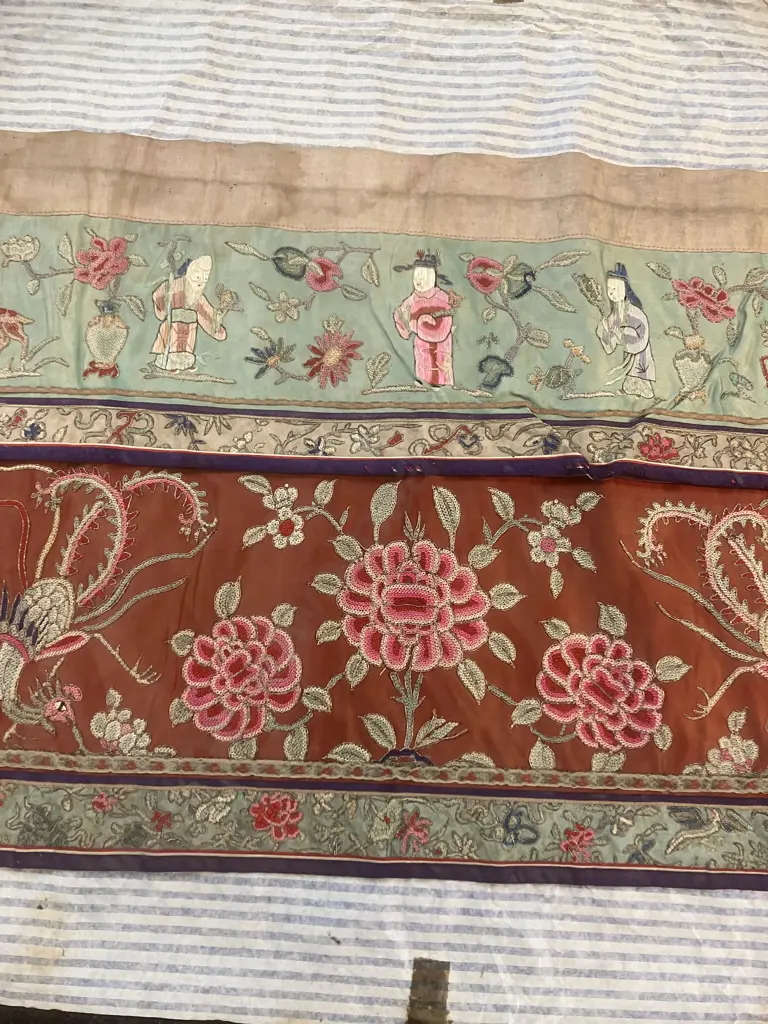 Antique Chinese Silk & Gold Thread Embroidered Altar Cloth With Killin And Pheonix Below Three Immortals. 109 x 40.5cm Image 1++