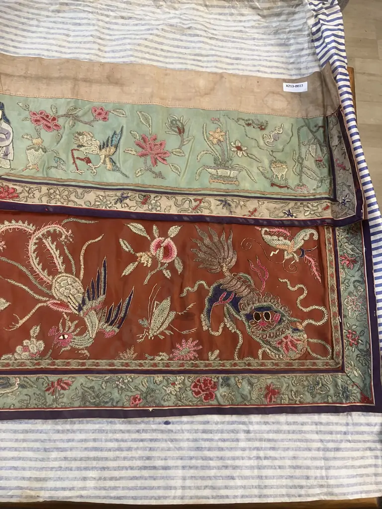 Antique Chinese Silk & Gold Thread Embroidered Altar Cloth With Killin And Pheonix Below Three Immortals. 109 x 40.5cm Image 1++