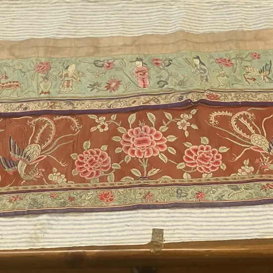 Antique Chinese Silk & Gold Thread Embroidered Altar Cloth With Killin And Pheonix Below Three Immortals. 109 x 40.5cm
