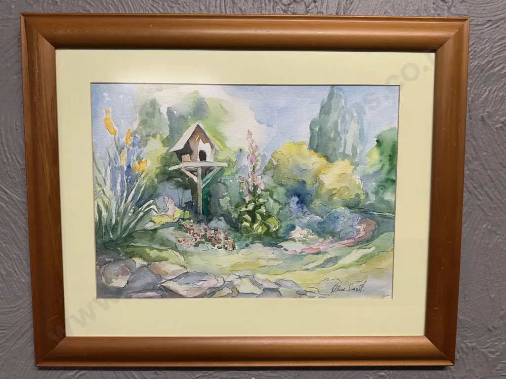 Original Framed Water Colour 'Bird House' Signed By Olive Small H47,W58cm. Image 1++