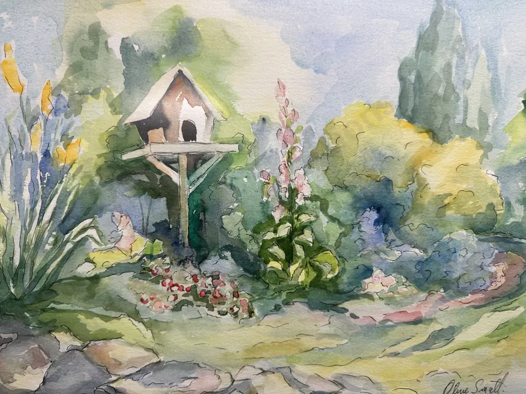 Original Framed Water Colour 'Bird House' Signed By Olive Small H47,W58cm. Image 1++