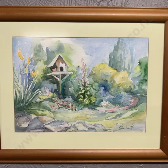 Original Framed Water Colour 'Bird House' Signed By Olive Small H47,W58cm.