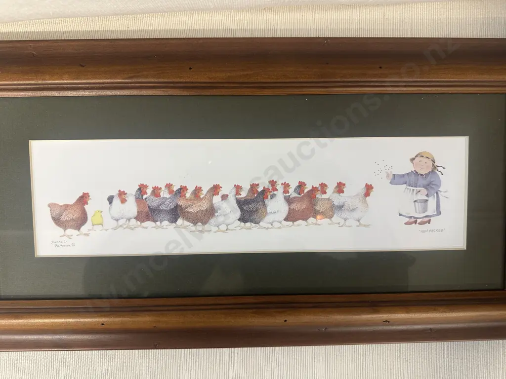 Pair Of Framed Artwork 'Expression Art' By Diane C Patterson Including 'Hen Pecked' & 'Dairy Air' H25,W45cm. Image 1++