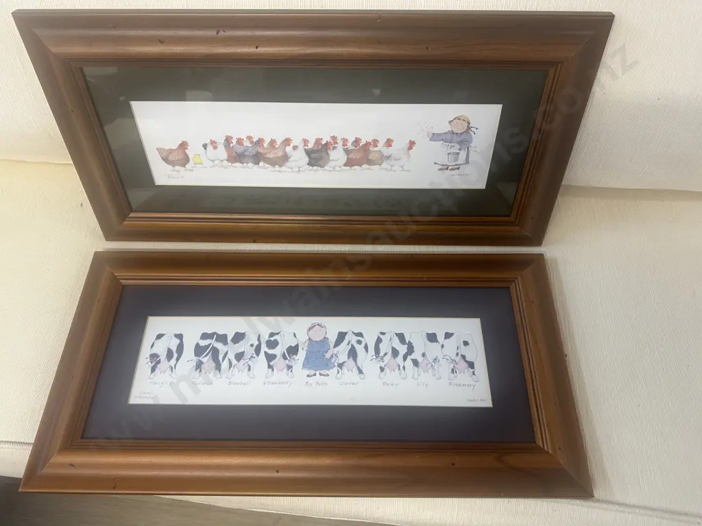 Pair Of Framed Artwork 'Expression Art' By Diane C Patterson Including 'Hen Pecked' & 'Dairy Air' H25,W45cm. Image 1++