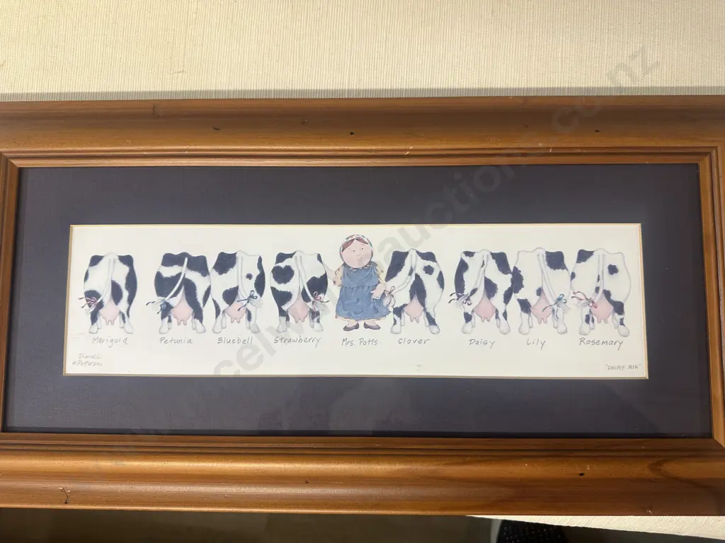 Pair Of Framed Artwork 'Expression Art' By Diane C Patterson Including 'Hen Pecked' & 'Dairy Air' H25,W45cm. Image 1++