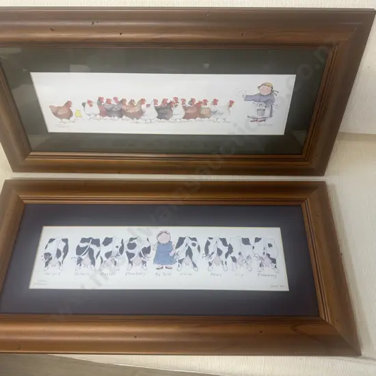 Pair Of Framed Artwork 'Expression Art' By Diane C Patterson Including 'Hen Pecked' & 'Dairy Air' H25,W45cm.