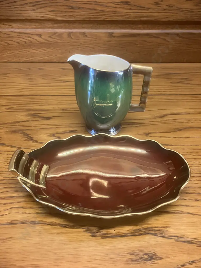 Vintage Carlton Ware (England) "Vert Royale" 14cm Jug & "Rouge Royal" Fluted Edge Dish With Single Tab Handle 25cm Image 1++