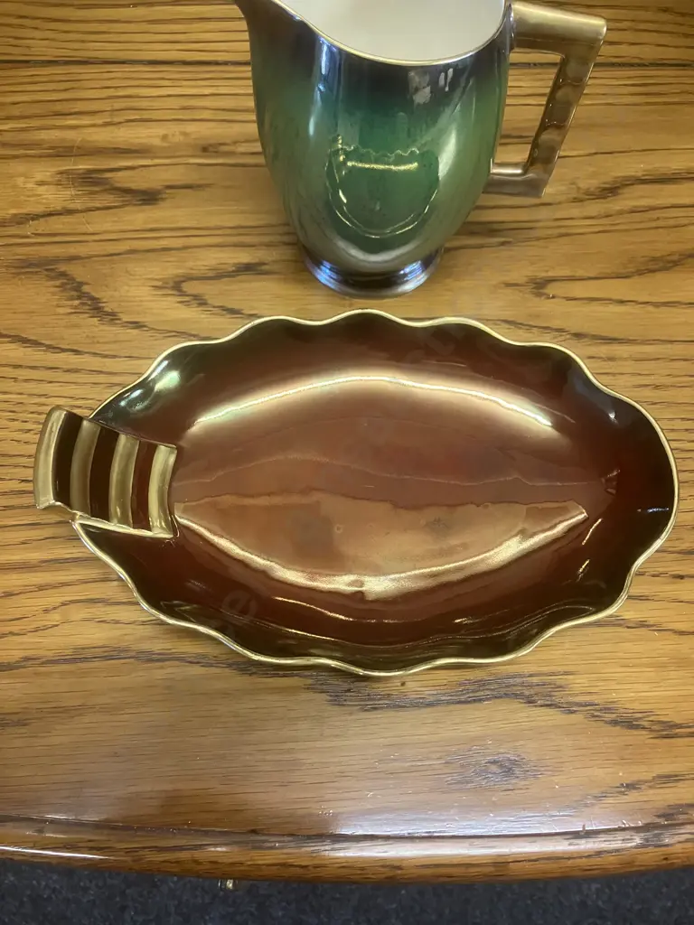 Vintage Carlton Ware (England) "Vert Royale" 14cm Jug & "Rouge Royal" Fluted Edge Dish With Single Tab Handle 25cm Image 1++