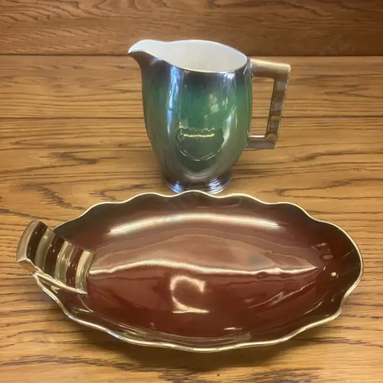 Vintage Carlton Ware (England) "Vert Royale" 14cm Jug & "Rouge Royal" Fluted Edge Dish With Single Tab Handle 25cm