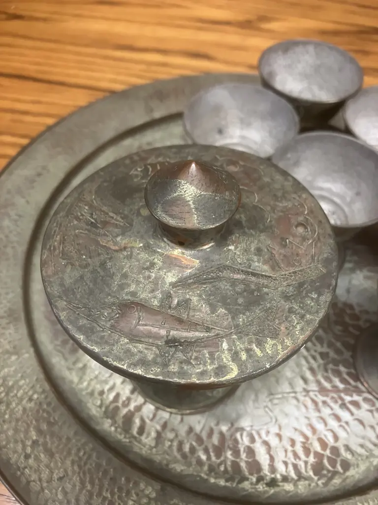 Vintage Oppenheim Israel Hand Hammered Copper Dallah Coffee Pot, Lidded Container, 6 x Cups With Tray. Stamped On Base Image 1++