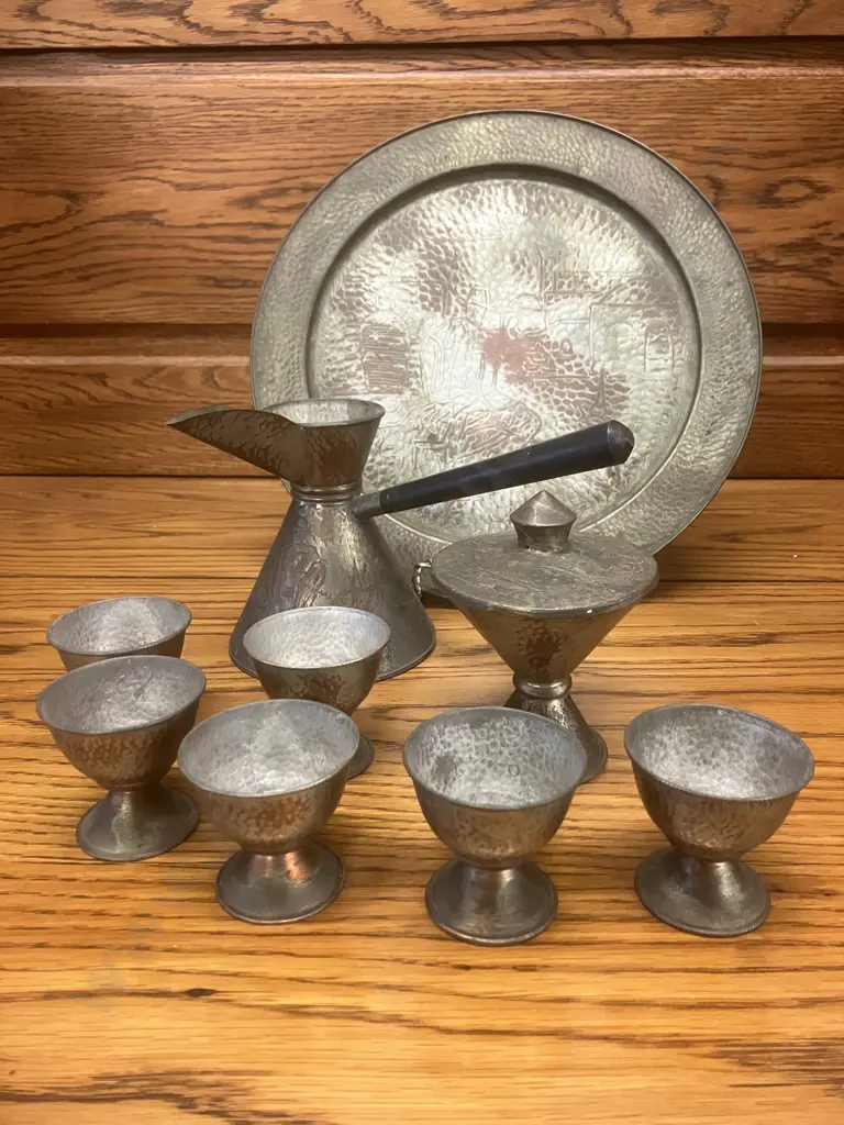 Vintage Oppenheim Israel Hand Hammered Copper Dallah Coffee Pot, Lidded Container, 6 x Cups With Tray. Stamped On Base Image 1++