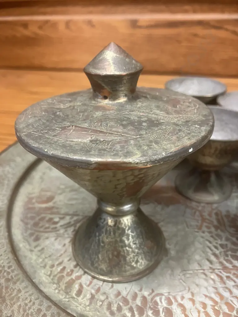 Vintage Oppenheim Israel Hand Hammered Copper Dallah Coffee Pot, Lidded Container, 6 x Cups With Tray. Stamped On Base Image 1++