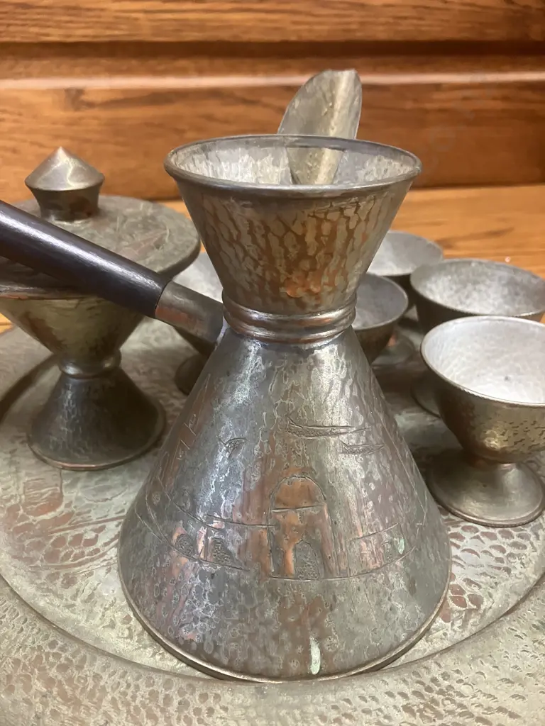 Vintage Oppenheim Israel Hand Hammered Copper Dallah Coffee Pot, Lidded Container, 6 x Cups With Tray. Stamped On Base Image 1++