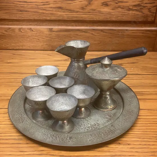 Vintage Oppenheim Israel Hand Hammered Copper Dallah Coffee Pot, Lidded Container, 6 x Cups With Tray. Stamped On Base