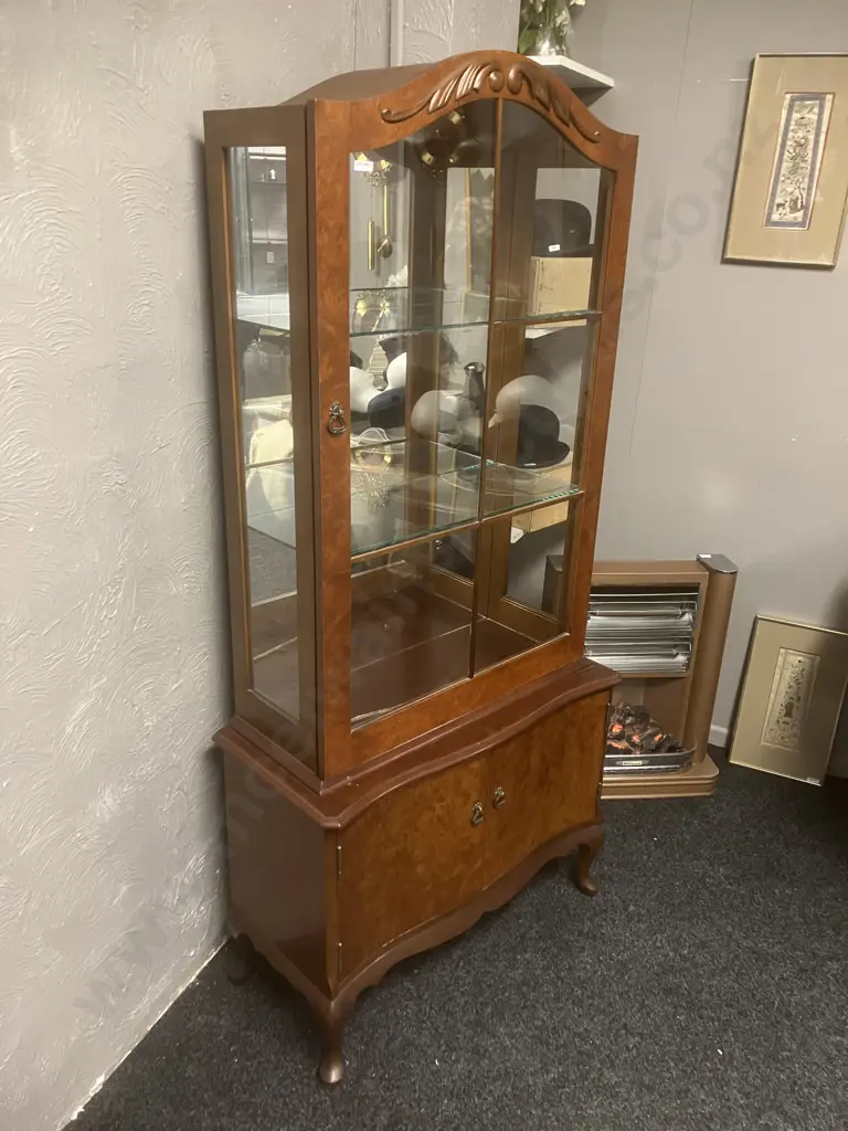 Ex Chandler House Burr Walnut 2 Door Mirror Backed China Display Cabinet, Glass Shelves, Cabriole Legs. H172 W80 D36cm Image 1++