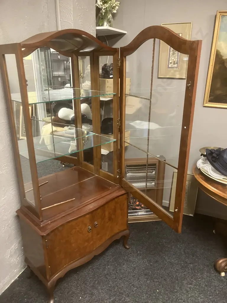 Ex Chandler House Burr Walnut 2 Door Mirror Backed China Display Cabinet, Glass Shelves, Cabriole Legs. H172 W80 D36cm Image 1++