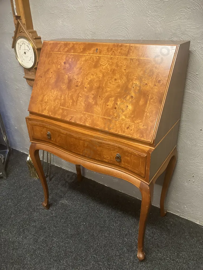 Ex Chandler House Burr Walnut Secretary Desk With Keys, Cabriole Legs. H111 W76.5 D42cm Image 1++